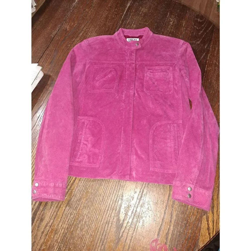 Small Size 4 Chicos Designs Size 0 Pink Front Zip Suede Leather Jacket w Pockets